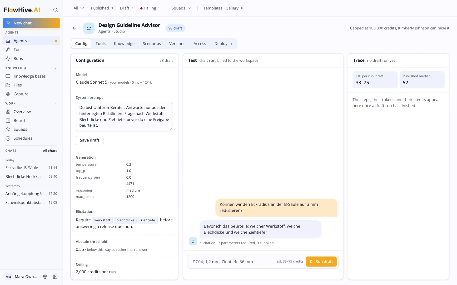 FlowHive.ai Agent Studio mit Konfiguration, Test-Chat und Trace
