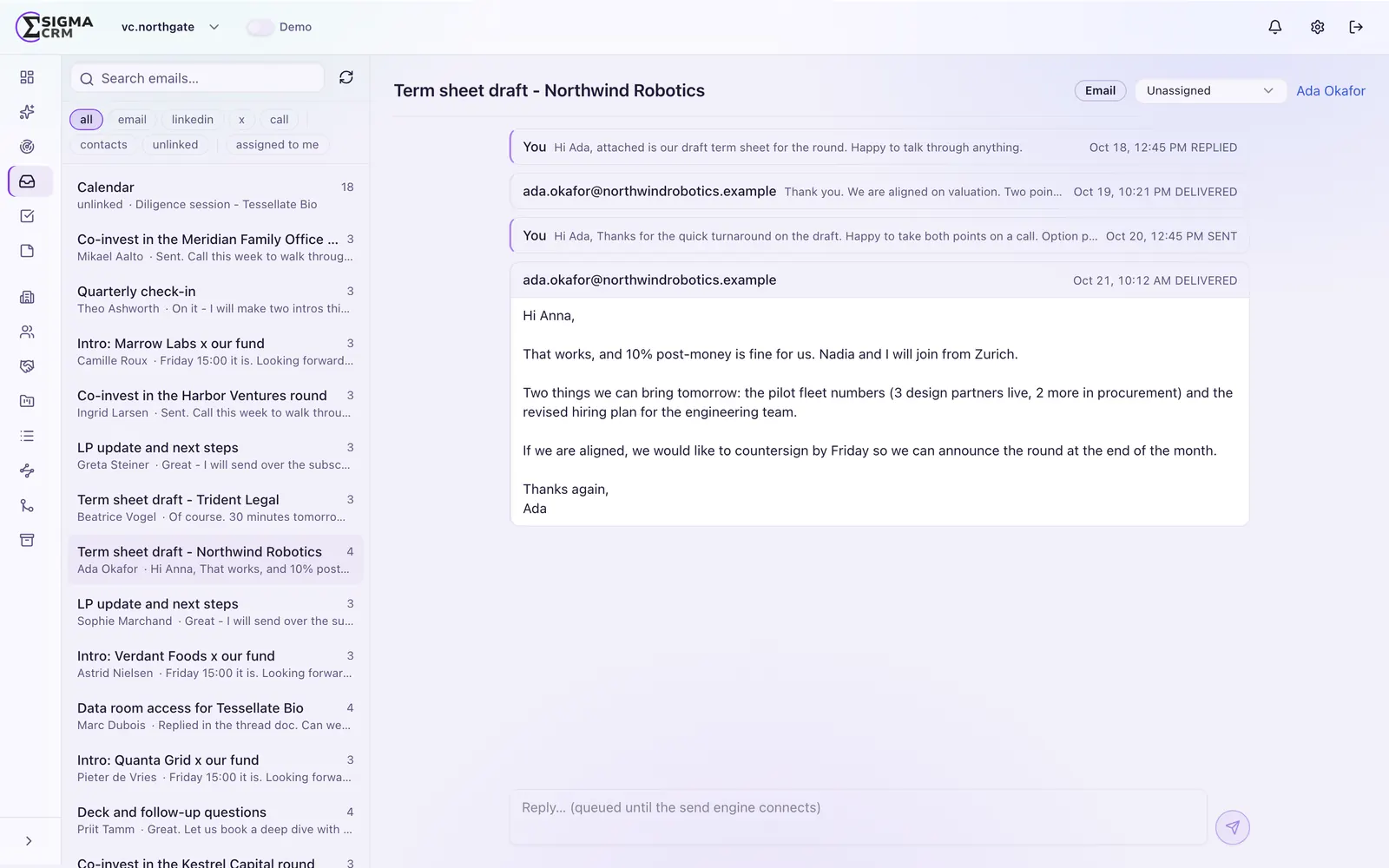 Sigma CRM unified inbox: email threads linked to contacts and organizations