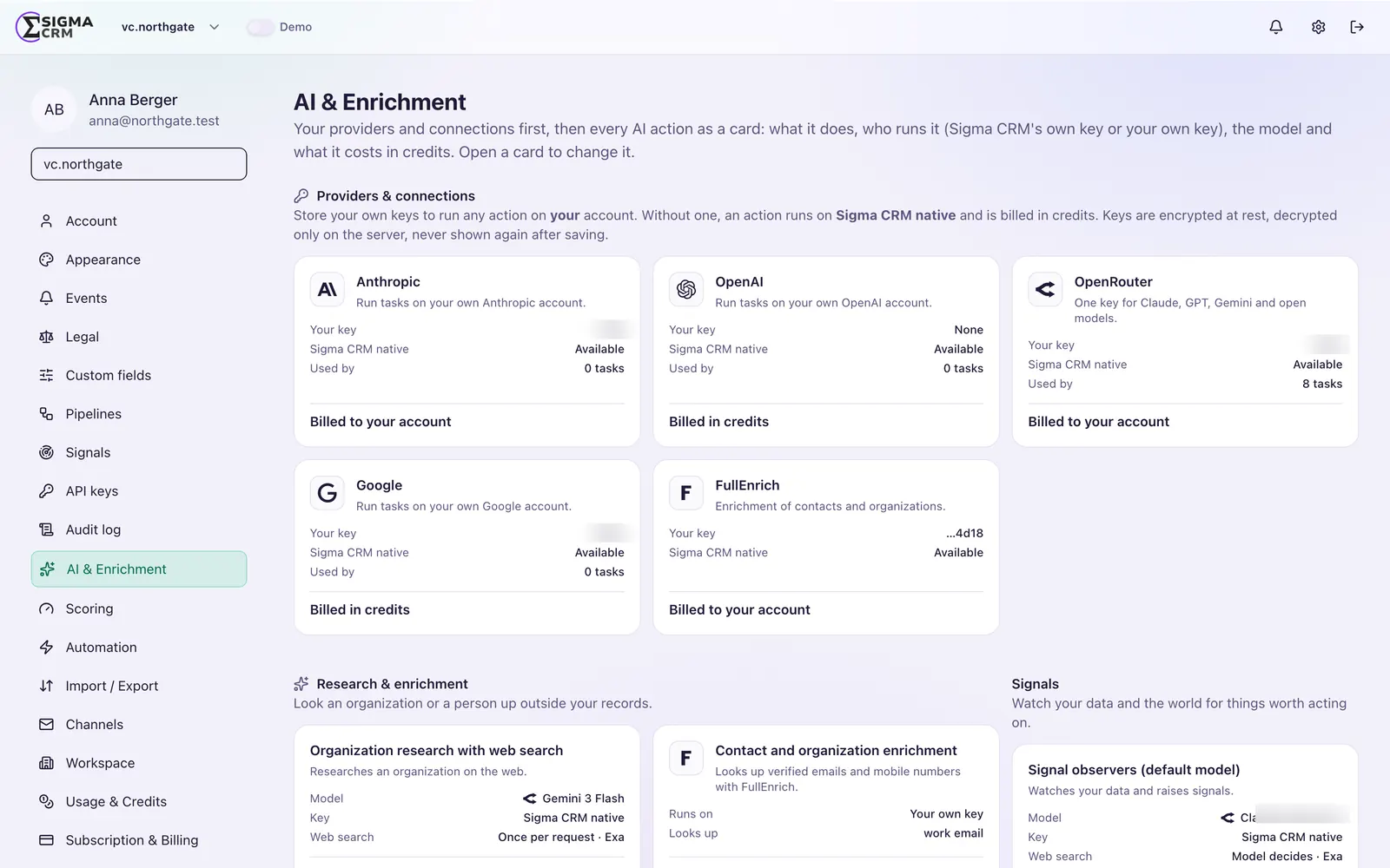 Sigma CRM KI-Einstellungen: eigene Schlüssel für Modellanbieter, Modellwahl pro Aktion und Abrechnung in Credits