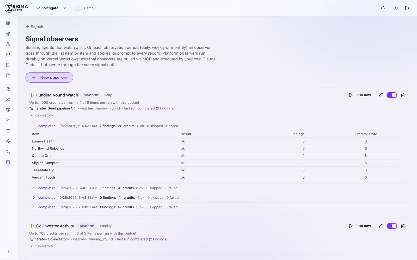 Sigma CRM Signal-Observer-Agenten: geplante Läufe, Funde und Credits pro Lauf