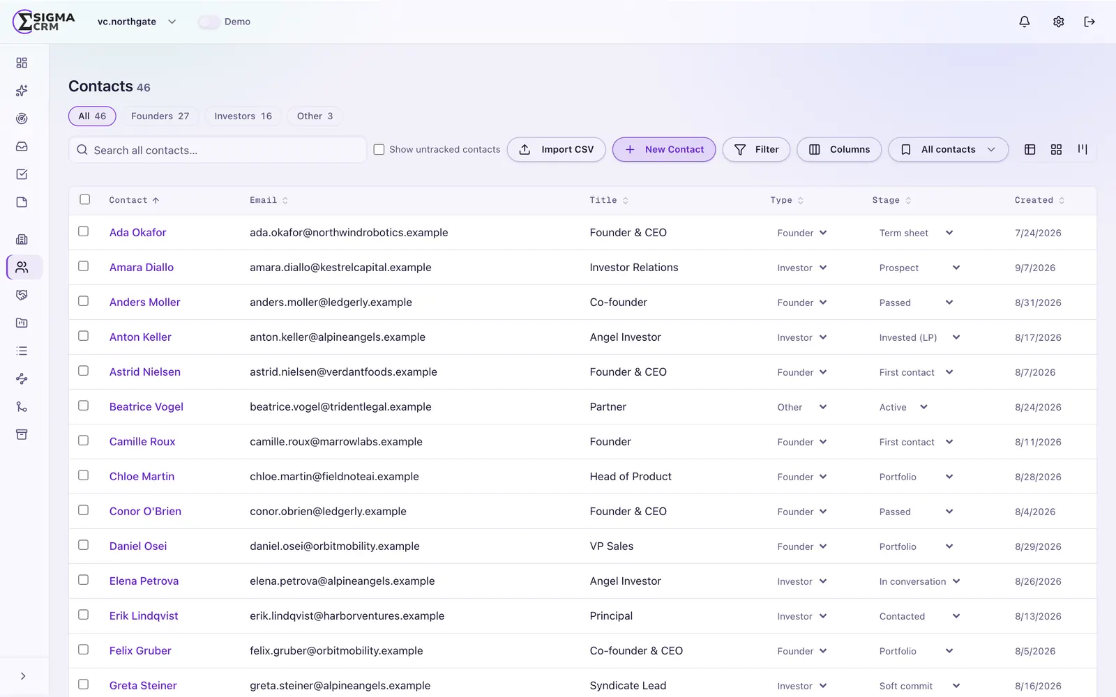 Sigma CRM contact list with filters, columns, saved views and CSV import