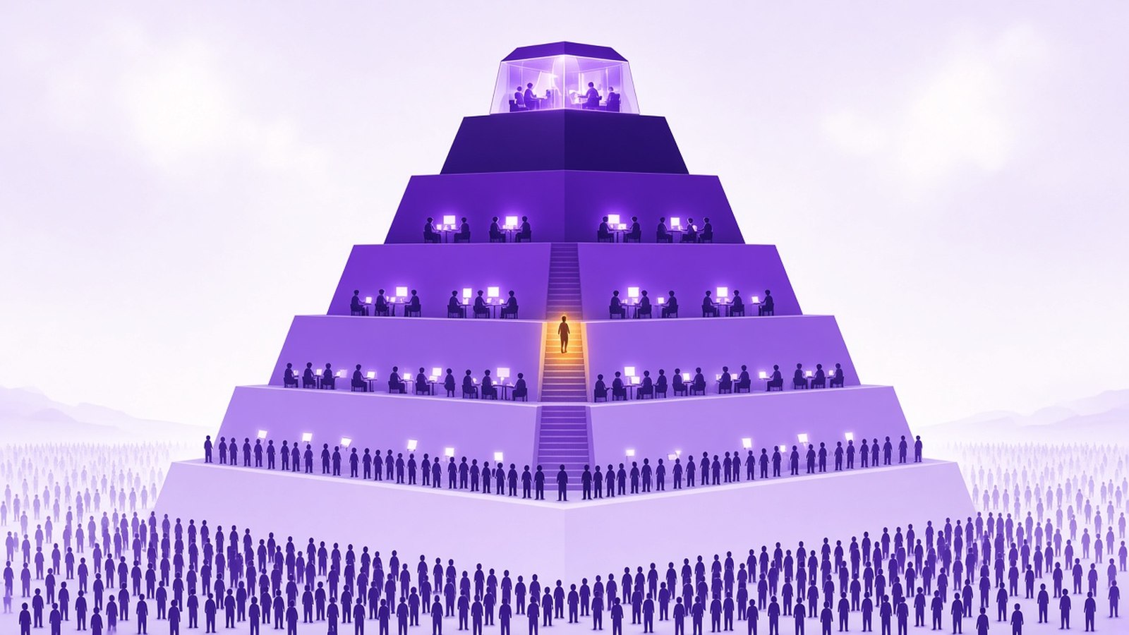 Pyramide de l’IA à cinq niveaux, avec des personnes à chaque étage et une personne qui grimpe