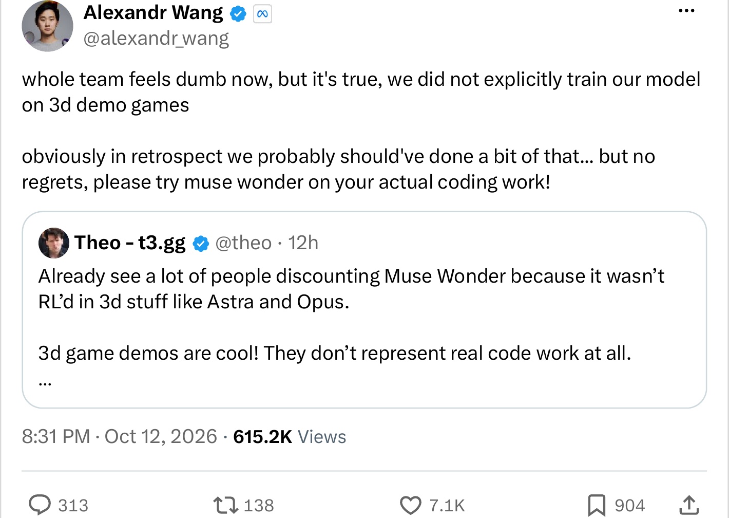 Post d’Alexandr Wang sur X à propos des jeux de démo 3D