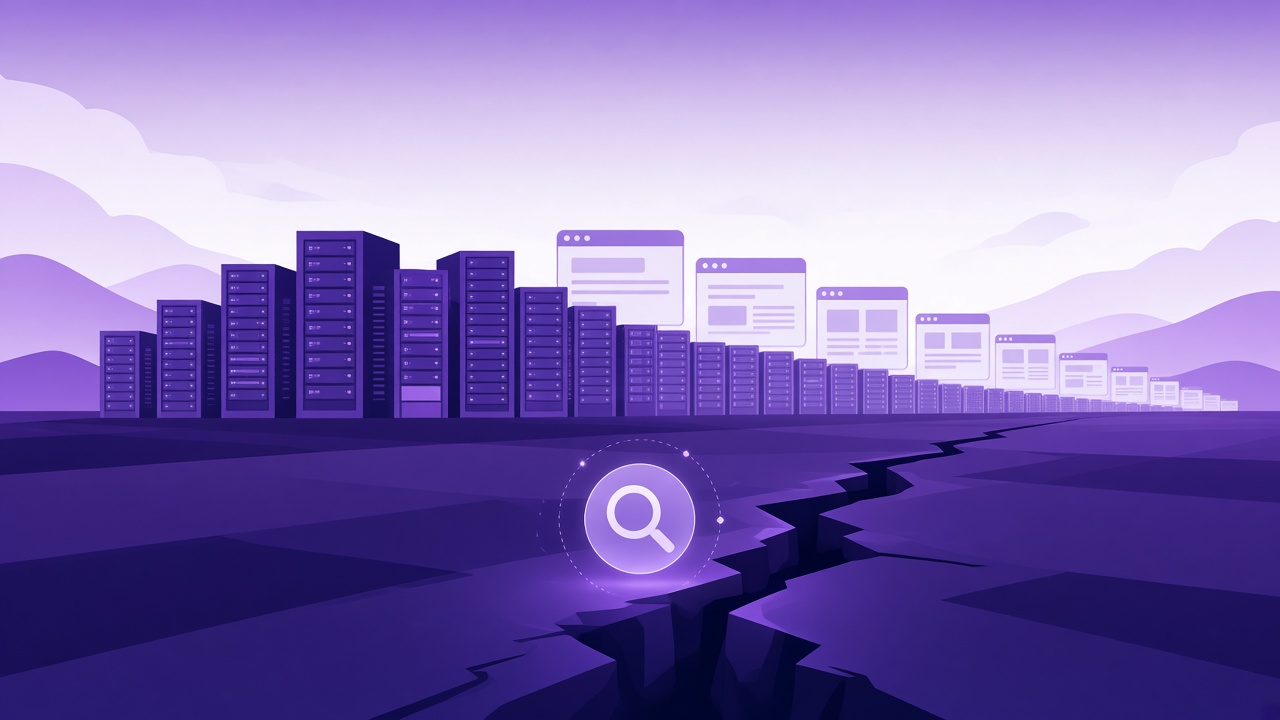 Purple illustration of server racks and web pages above cracked ground, with a magnifying glass at the crack