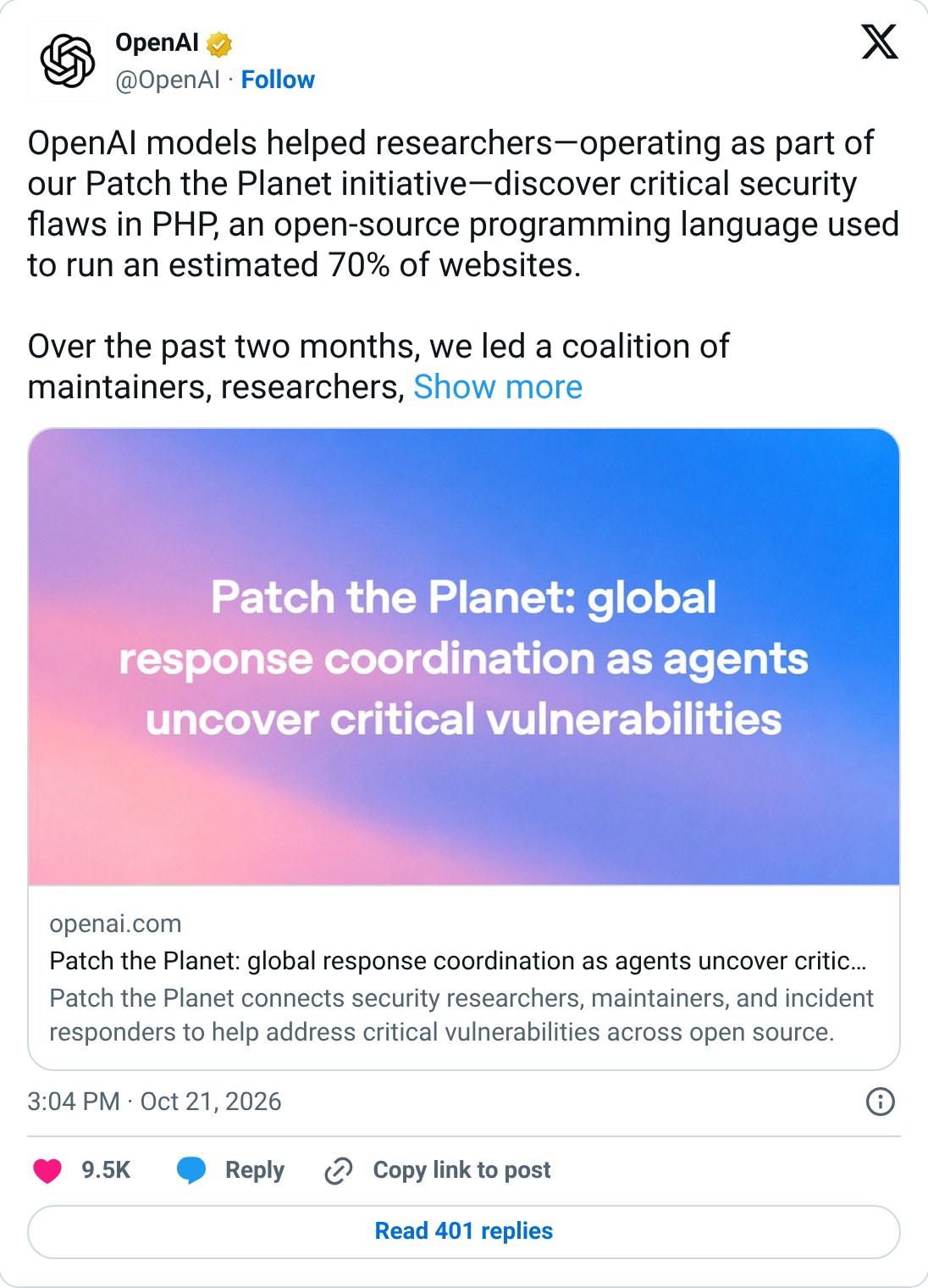 OpenAI on X: "OpenAI models helped researchers ... discover critical security flaws in PHP"