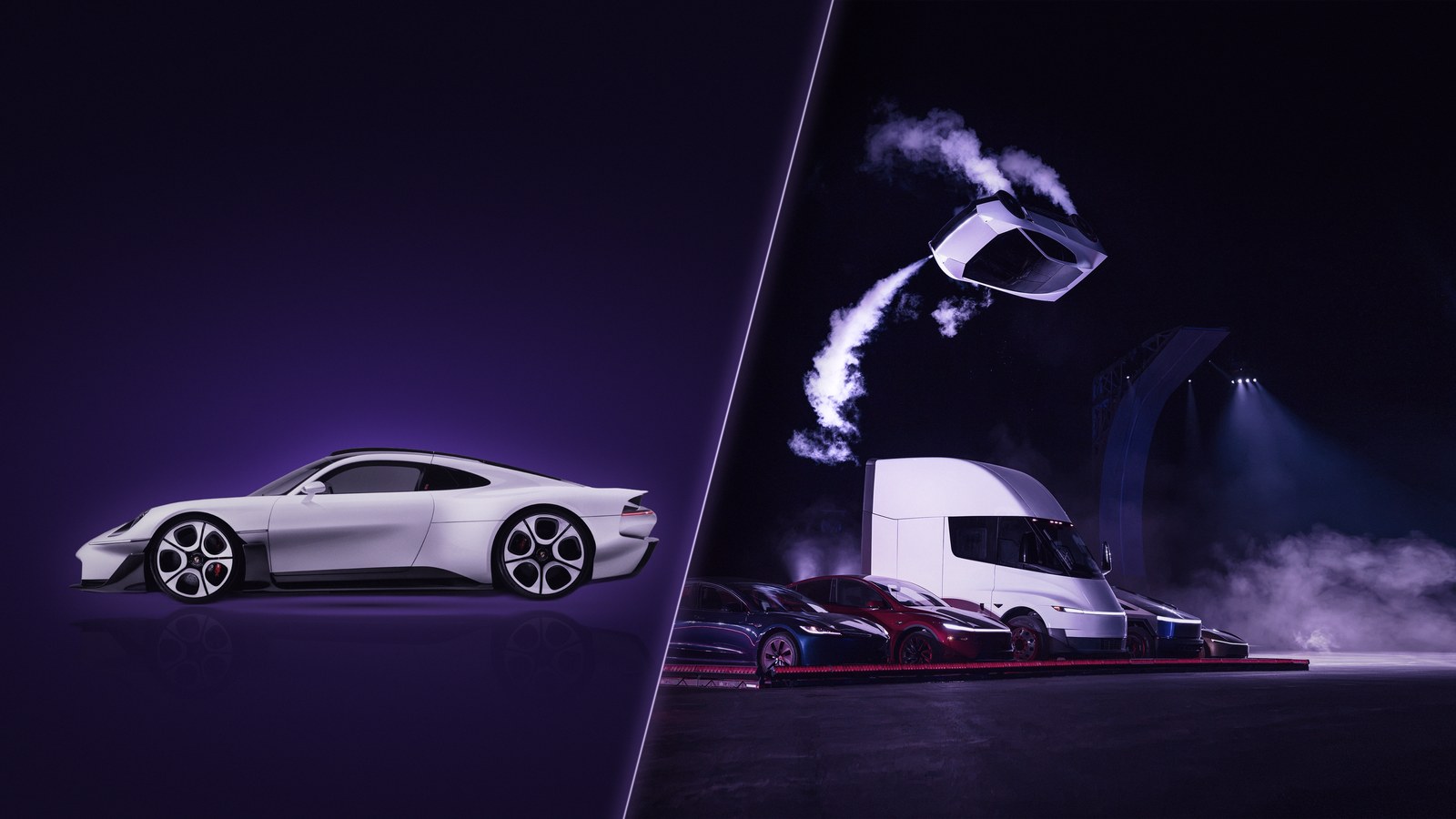Porsche Mission S und Tesla Roadster nebeneinander, beide am selben Abend vorgestellt