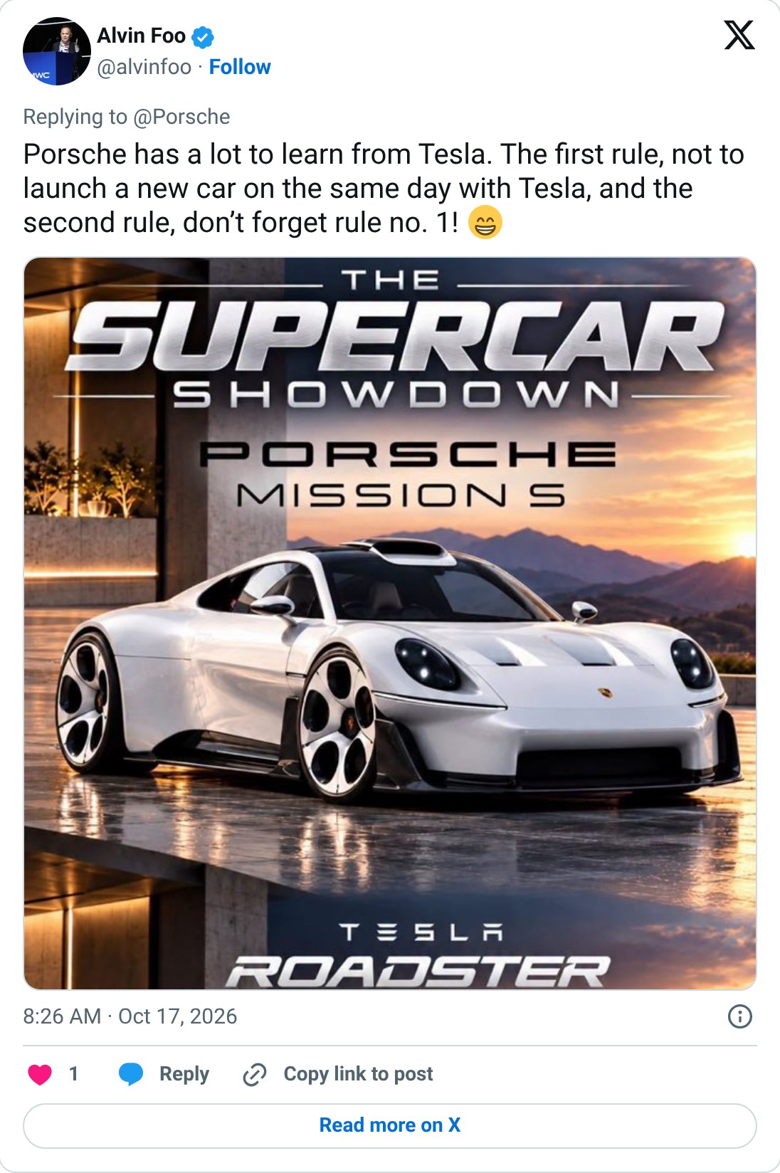 @alvinfoo antwortet Porsche: „Porsche has a lot to learn from Tesla. The first rule, not to launch a new car on the same day with Tesla“ mit einem Supercar-Showdown-Meme