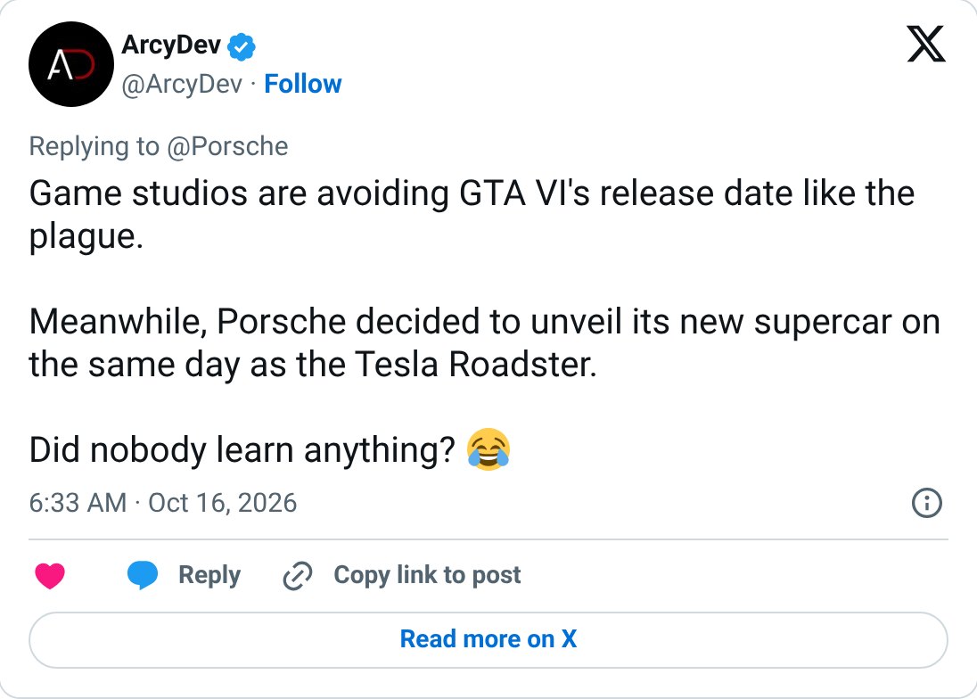 @ArcyDev antwortet Porsche: „Game studios are avoiding GTA VI's release date like the plague“